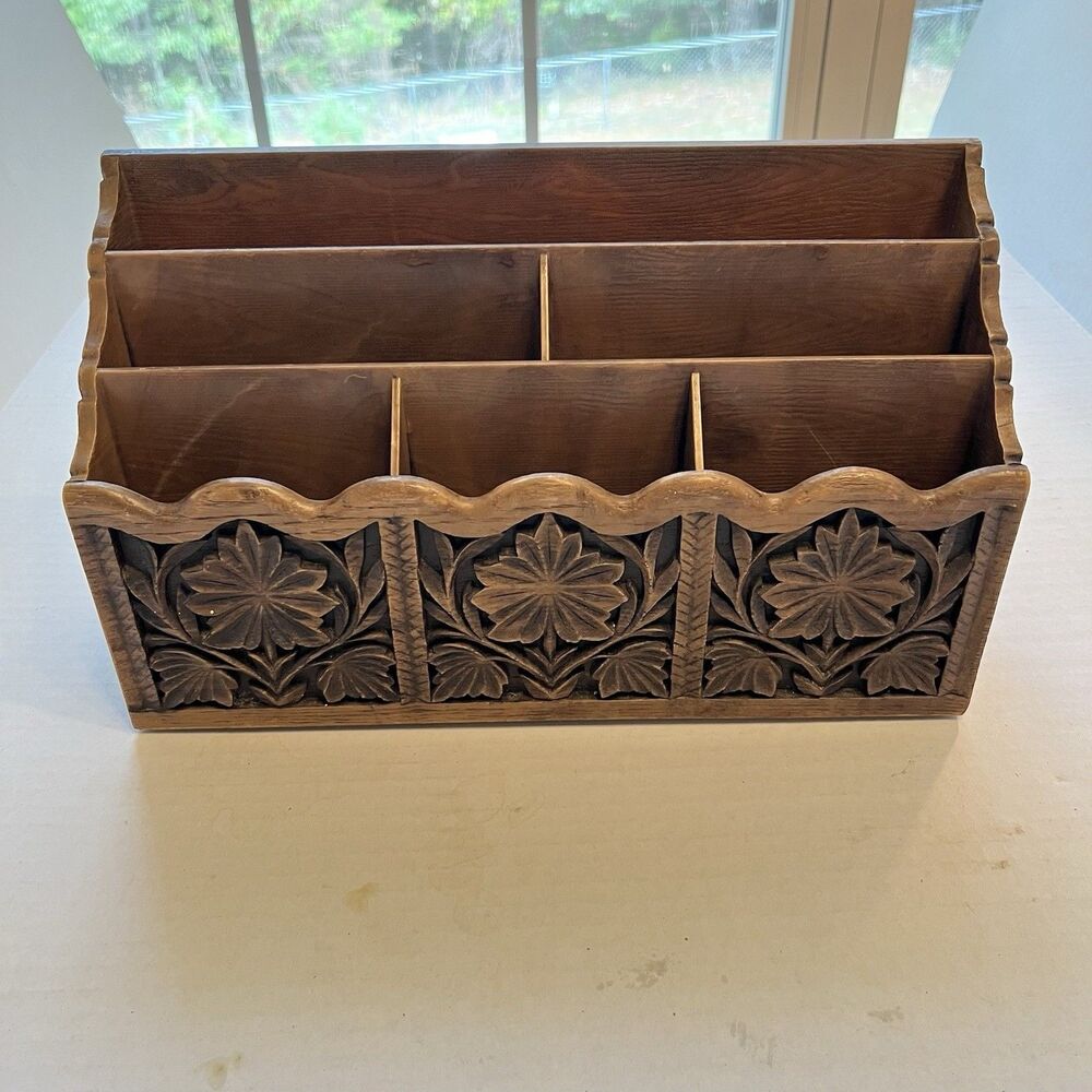Vintage Lerner Desk Organizer Sorter Caddy Faux Carved Wood Mail Bills Utensils